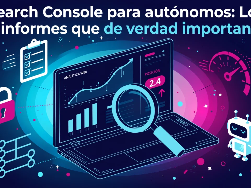 banner showing a laptop with analytics graphs a magnifying glass and a small robot on a neon bluepink background about important reports for freelancers search console para autónomos