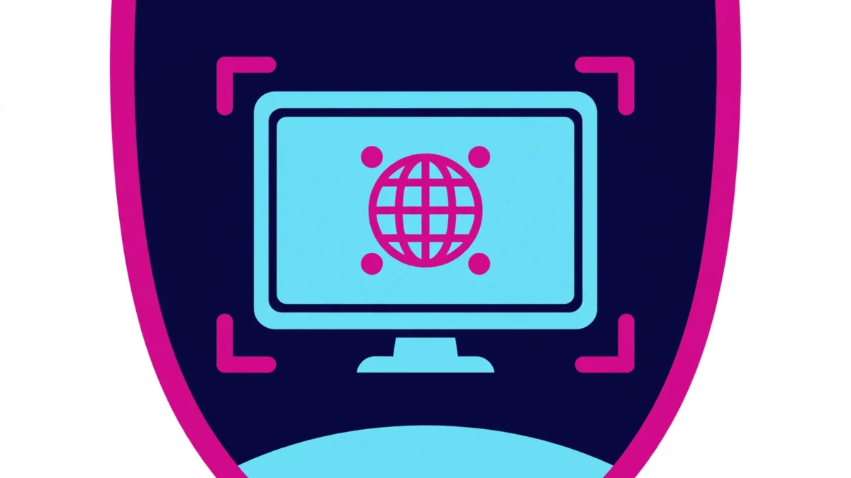 shield emblem with a blue computer monitor showing a globe symbolizing online security