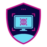 shield emblem with a blue computer monitor showing a globe symbolizing online security