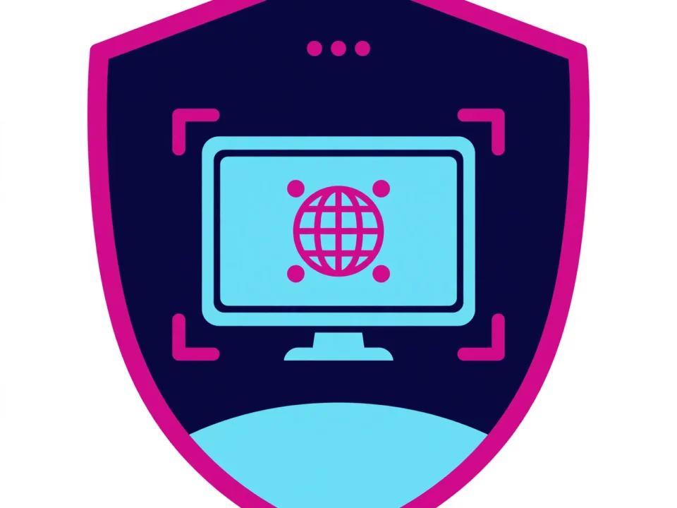 mantenimiento web para autónomos ilustración de seguridad y protección web | somos tu marketing shield emblem with a blue computer monitor showing a globe symbolizing online security