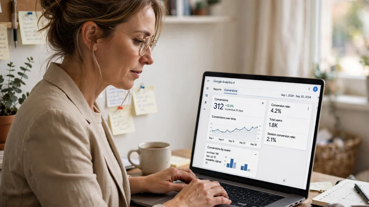 mujer autónoma revisando el panel de métricas de google analytics 4 en su portátil en una oficina pequeña