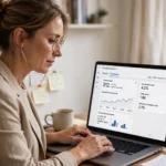 panel de métricas ga4 revisado por una autónoma en su oficina | somos tu marketing mujer autónoma revisando el panel de métricas de google analytics 4 en su portátil en una oficina pequeña