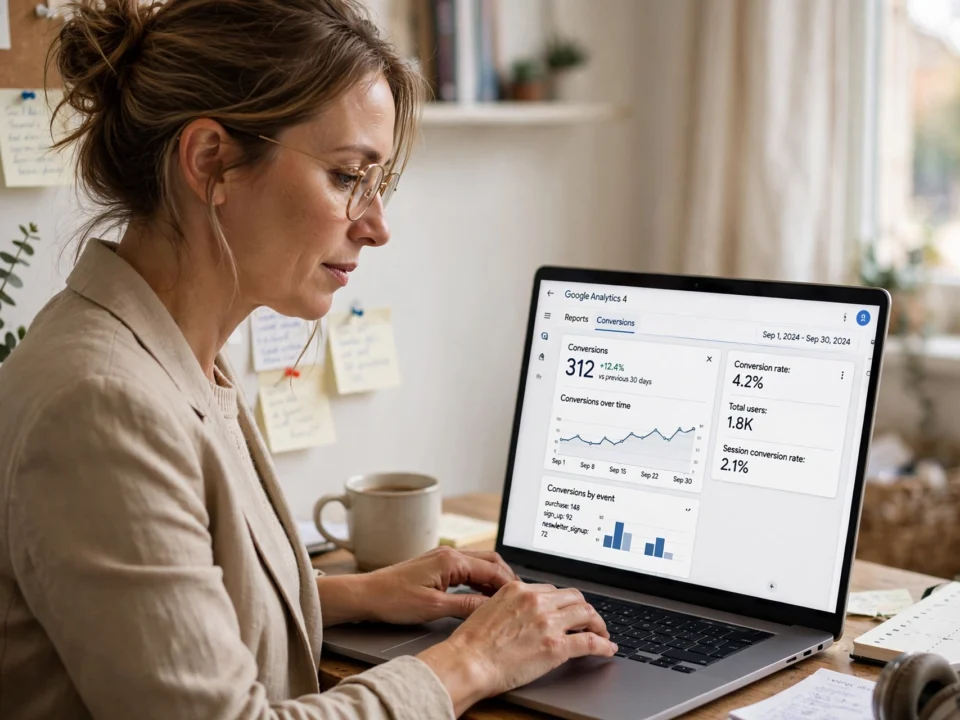 panel de métricas ga4 revisado por una autónoma en su oficina | somos tu marketing mujer autónoma revisando el panel de métricas de google analytics 4 en su portátil en una oficina pequeña