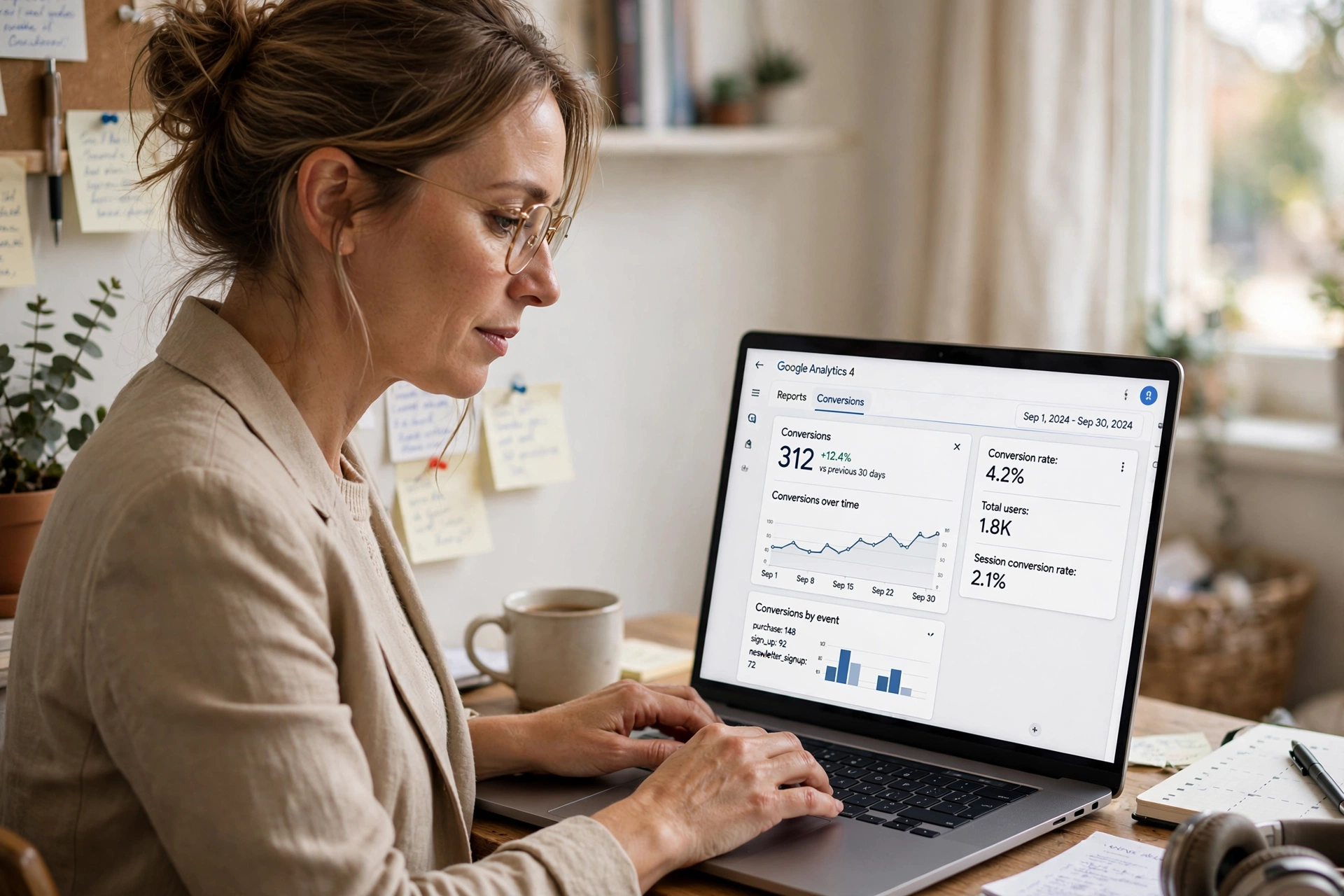Mujer autónoma revisando el panel de métricas de Google Analytics 4 en su portátil en una oficina pequeña