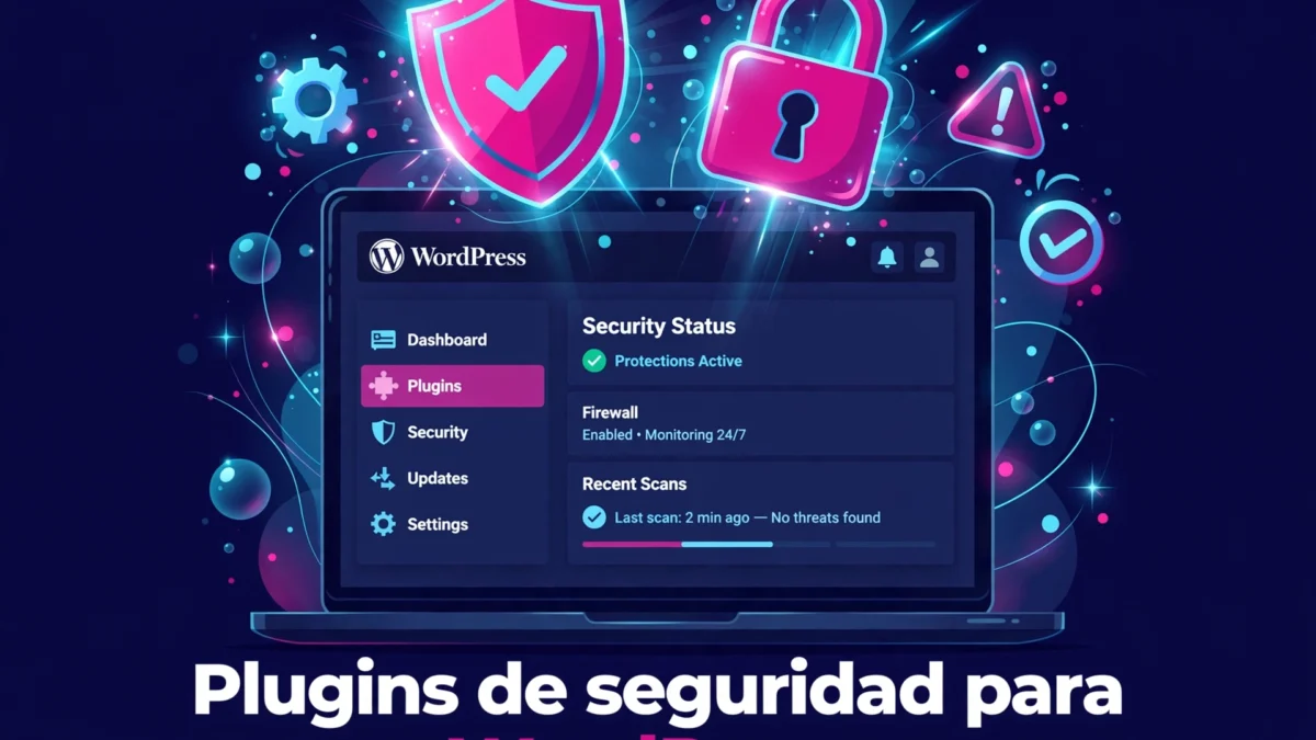 ilustración de un escudo de seguridad y candado sobre un panel de wordpress representando plugins de seguridad