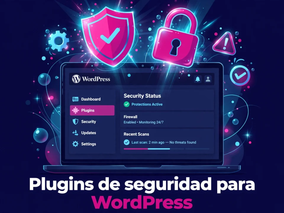 plugins de seguridad esenciales para proteger tu web wordpress | somos tu marketing ilustración de un escudo de seguridad y candado sobre un panel de wordpress representando plugins de seguridad