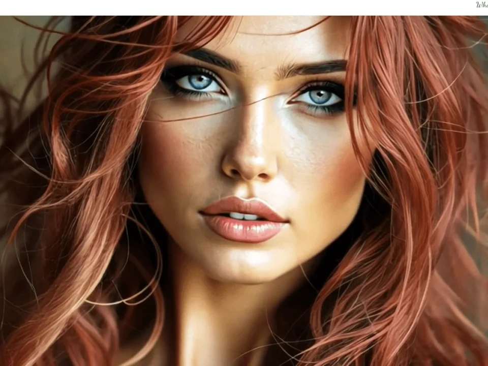 Close-up portrait of a woman with red hair and blue eyes used as a beauty site header, with a translucent left navigation panel overlayed and top banners mentioning shipping and contact info.