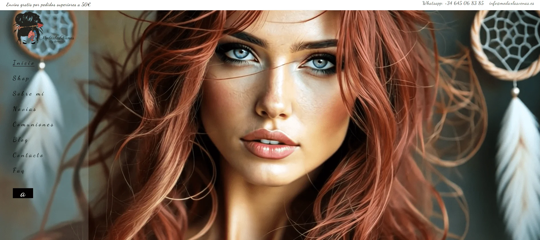 portadamodaxlasvenas 1 | somos tu marketing closeup portrait of a woman with red hair and blue eyes used as a beauty site header with a translucent left navigation panel overlayed and top banners mentioning shipping and contact info