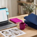 escritorio con el material reunido para encargar una web | somos tu marketing autónomo organizando carpetas de textos fotos y accesos junto a un portátil para preparar el encargo de su web