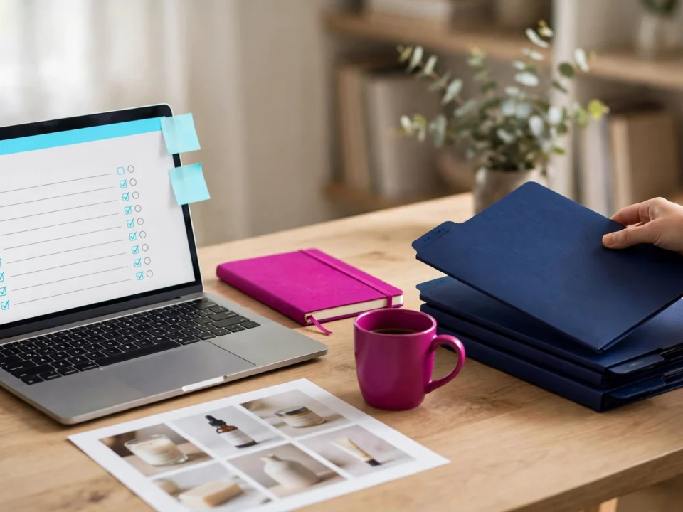 escritorio con el material reunido para encargar una web | somos tu marketing autónomo organizando carpetas de textos fotos y accesos junto a un portátil para preparar el encargo de su web