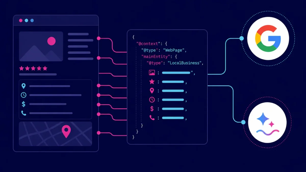 diagrama que muestra cómo el schema markup conecta una web con google y las inteligencias artificiales