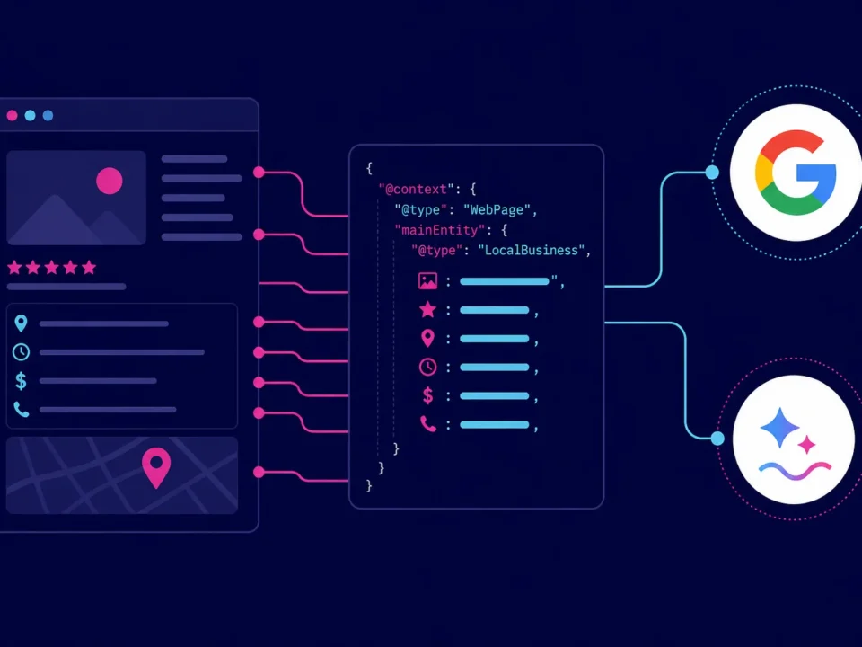 Diagrama que muestra cómo el Schema Markup conecta una web con Google y las inteligencias artificiales