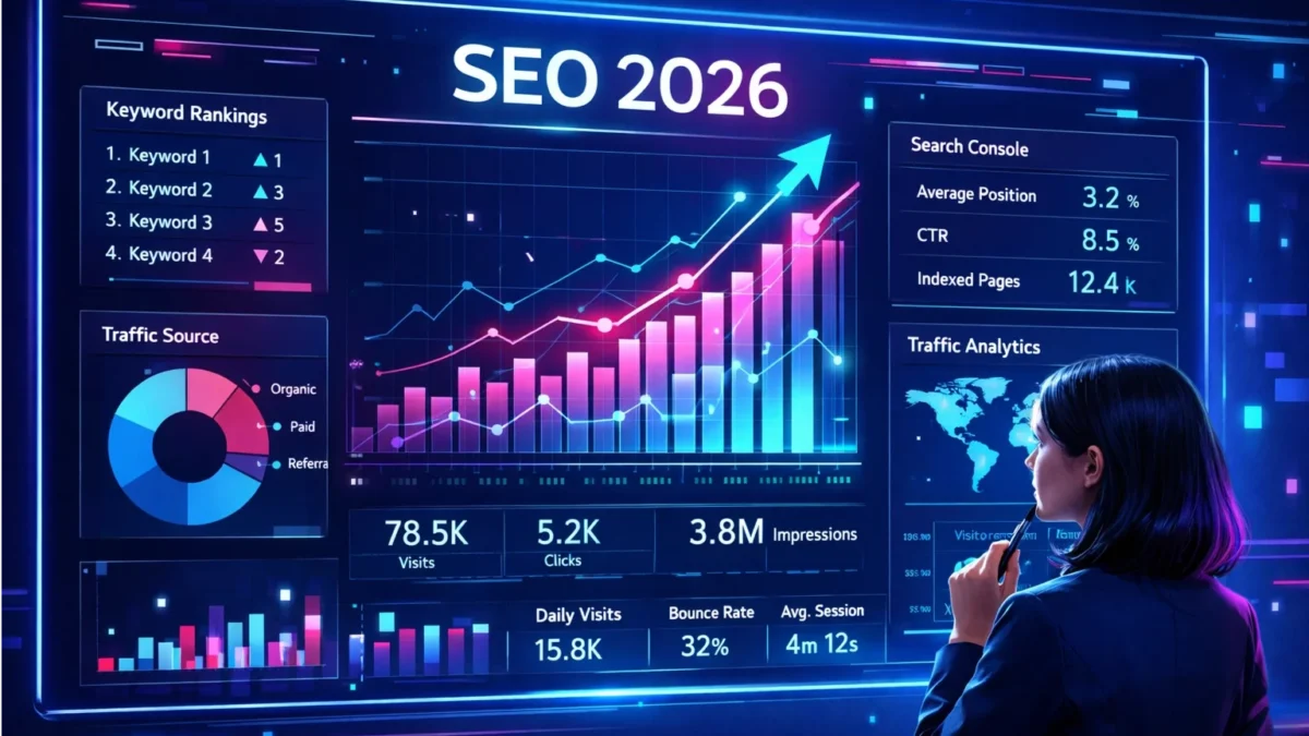 mujer analizando dashboard de seo 2026 con gráficos de posicionamiento palabras clave y métricas de tráfico web en pantalla digital