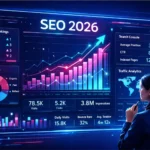 guía seo 2026 cambios técnicos para mejorar posicionamiento en google | somos tu marketing mujer analizando dashboard de seo 2026 con gráficos de posicionamiento palabras clave y métricas de tráfico web en pantalla digital