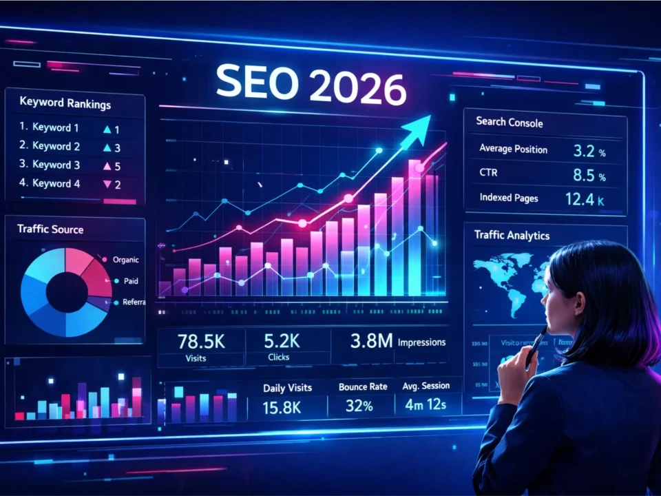 Mujer analizando dashboard de SEO 2026 con gráficos de posicionamiento, palabras clave y métricas de tráfico web en pantalla digital