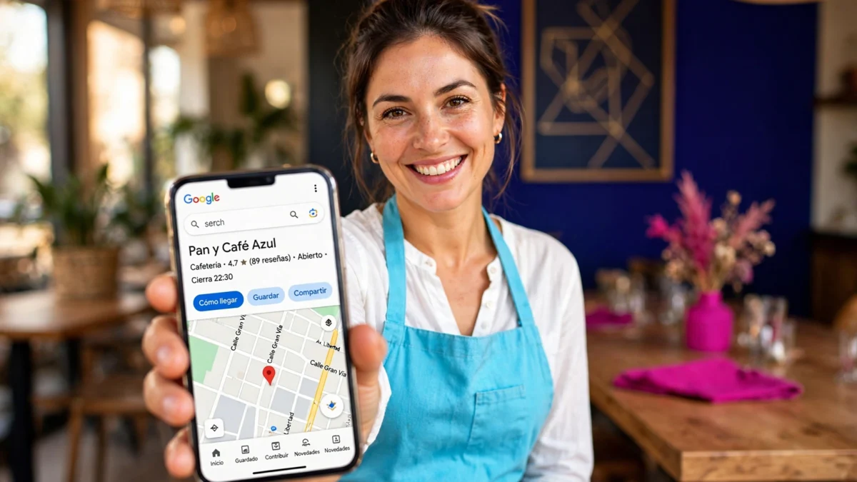 camarera mostrando la ficha de google maps de su restaurante en el móvil