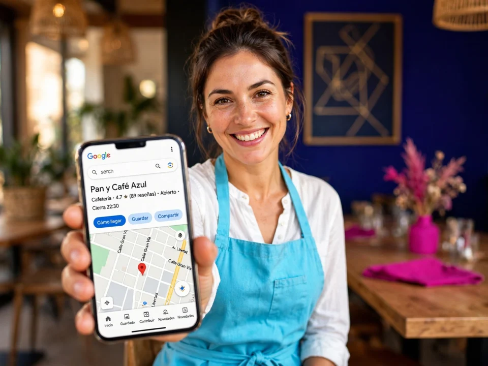 Camarera mostrando la ficha de Google Maps de su restaurante en el móvil