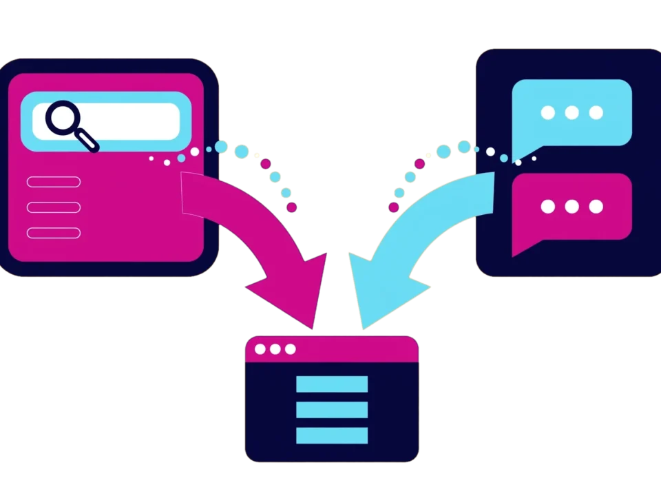 Ilustración de flujo de tráfico orgánico entre buscador y asistentes de inteligencia artificial