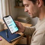 patrones que se repiten en las webs que funcionan | somos tu marketing person seated at a desk looking at a phone that shows a portfolio app on screen notebook pen sticky notes plant and mug on the desk