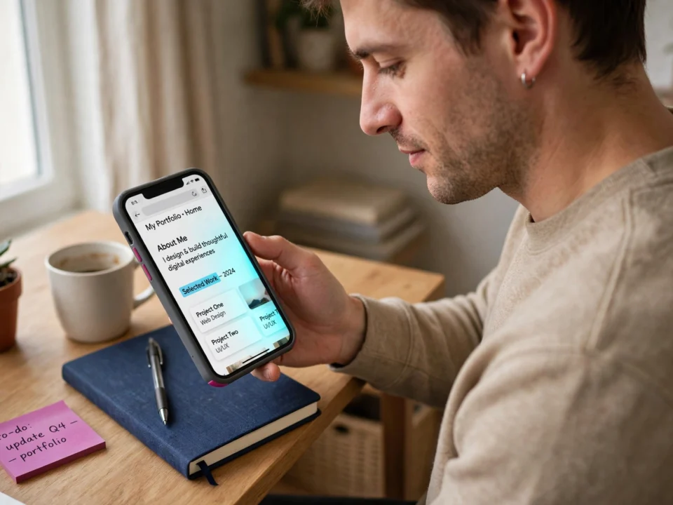 patrones que se repiten en las webs que funcionan | somos tu marketing person seated at a desk looking at a phone that shows a portfolio app on screen notebook pen sticky notes plant and mug on the desk